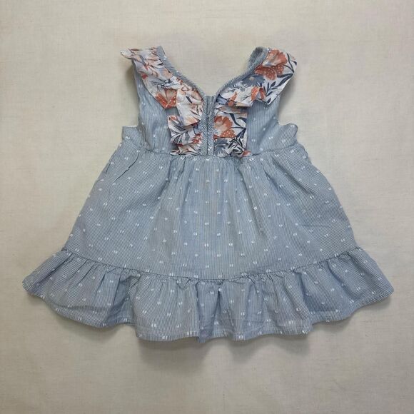 Tahari 3T Blue + White Striped Pinafore Toddler Dress Polka Dots Floral Ruffles - Picture 1 of 7